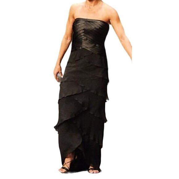 TADASHI SHOJI Dress Black Layer SILK CHIFFON Maxi Formal Tulip Vintage Maxi